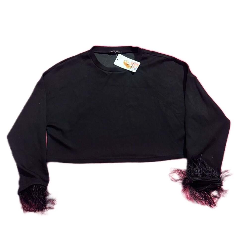 Black Long Sleeve Crop Top with Feather Cuffs - New With Tags